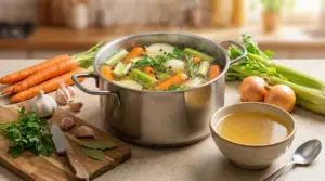 Pentola di brodo vegetale fatto in casa con verdure fresche su un piano da cucina