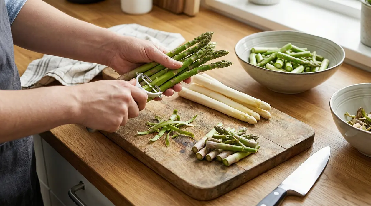 Una persona pulisce asparagi verdi su un tagliere di legno con un pelapatate