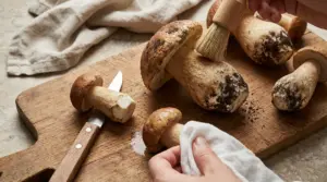 Pulizia di funghi porcini con spazzola e panno su tagliere di legno
