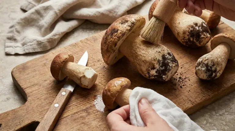 Pulizia di funghi porcini con spazzola e panno su tagliere di legno