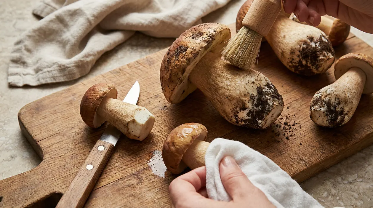 Pulizia di funghi porcini con spazzola e panno su tagliere di legno