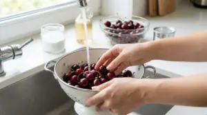 Mani che lavano le ciliegie in uno scolapasta sotto l’acqua corrente nel lavello della cucina