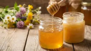 Miele colato con spargimiele in un barattolo di vetro su tavolo di legno, con fiori sullo sfondo