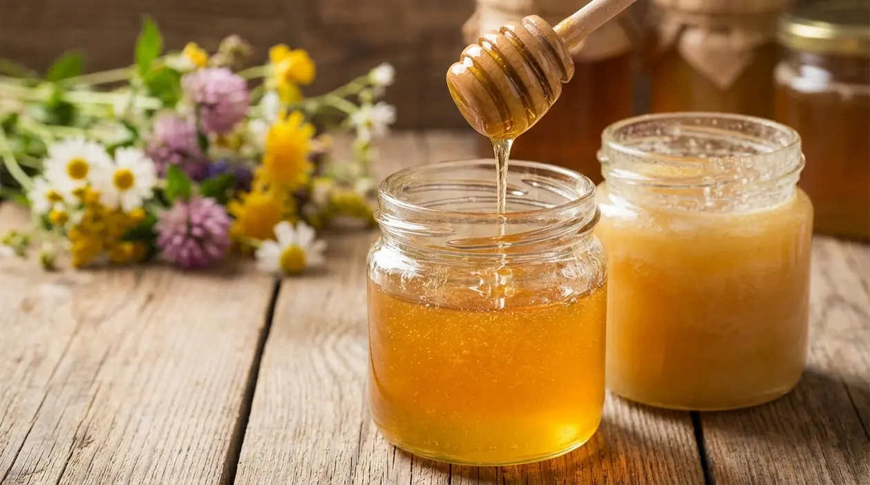 Miele colato con spargimiele in un barattolo di vetro su tavolo di legno, con fiori sullo sfondo