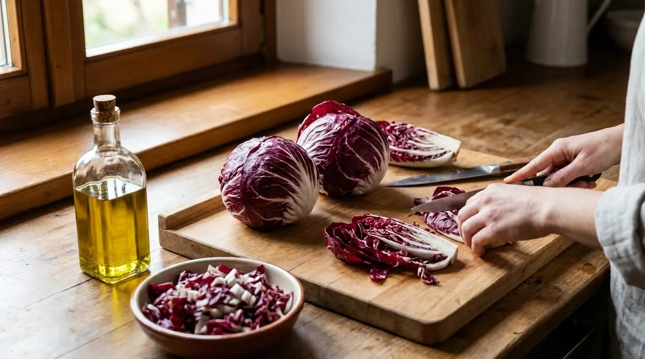Mani che tagliano il radicchio rosso su un tagliere di legno accanto a una bottiglia di olio
