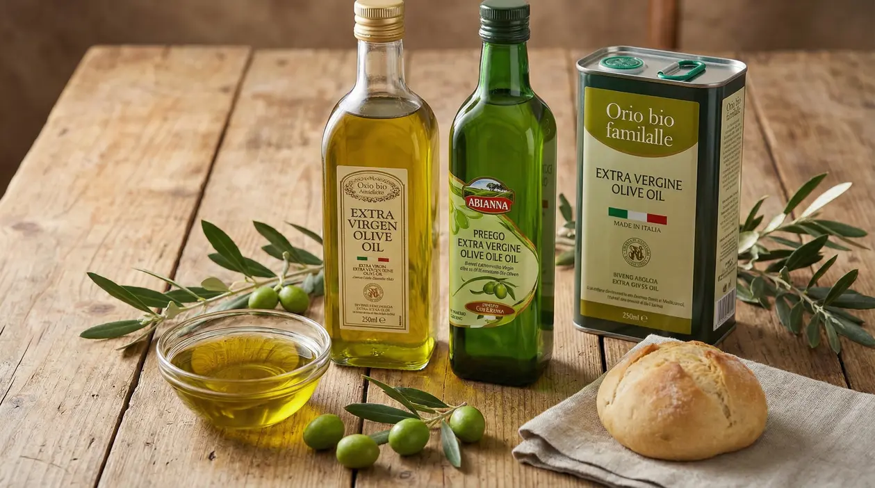 Bottiglie e lattina di olio extravergine d’oliva con ciotola di olio, olive e pane su tavolo di legno