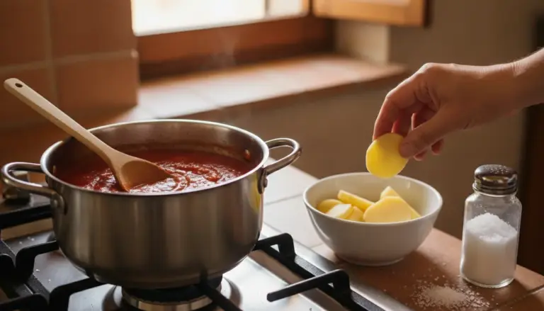 Una mano aggiunge una fetta di patata in una pentola di sugo sul fornello