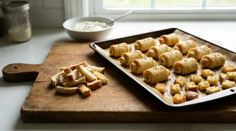Bordi di pancarré riutilizzati in cucina per preparare stuzzichini salati e crostini al forno