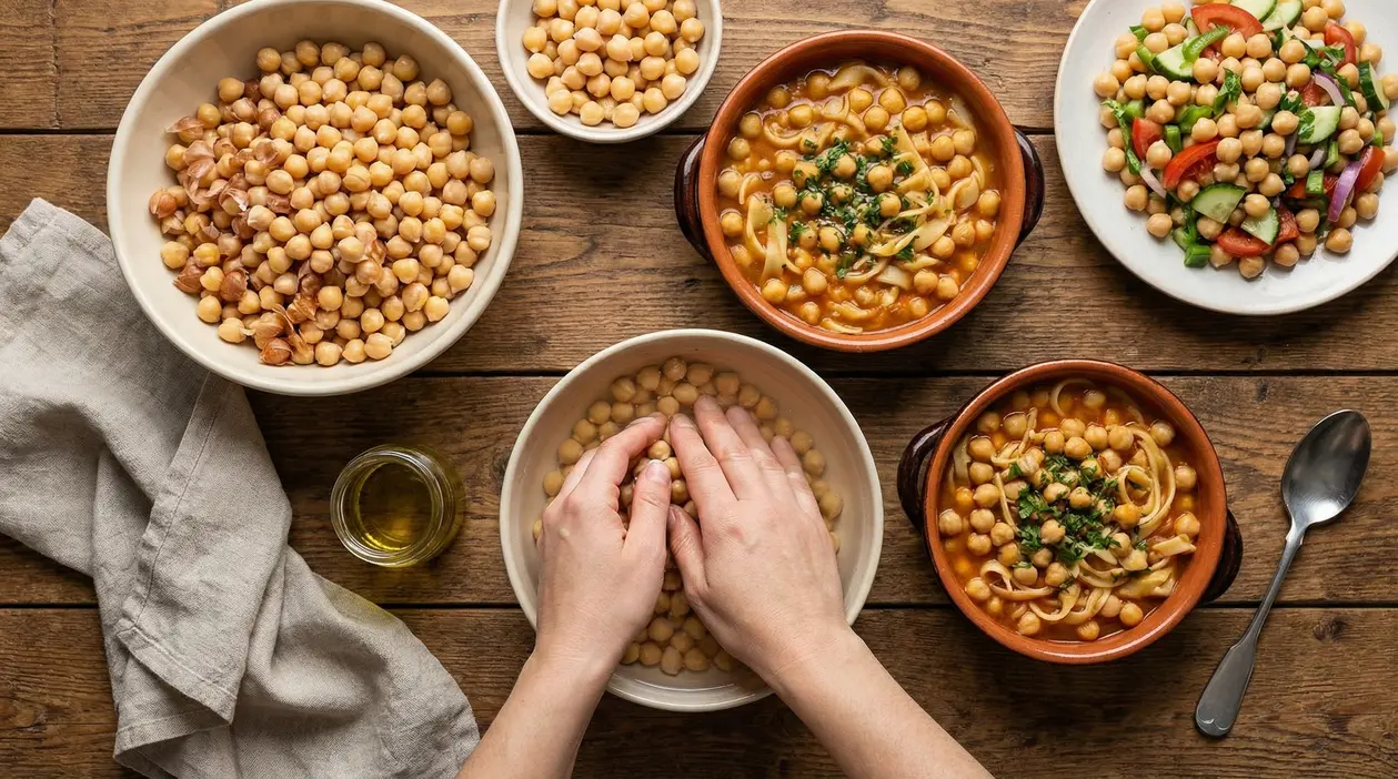 Mani che sbucciano i ceci in una ciotola, con zuppa di ceci e insalata di ceci su tavolo di legno