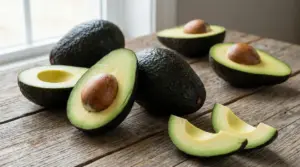 Avocado interi e a fette su un tavolo di legno vicino a una finestra