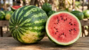 Anguria intera e metà anguria con polpa rossa e semi su un banco di legno