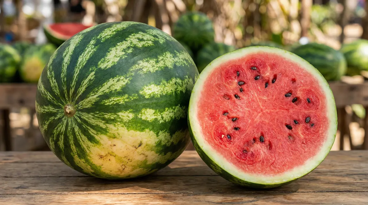 Anguria intera e metà anguria con polpa rossa e semi su un banco di legno