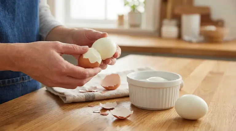Mani che sgusciano un uovo sodo su un tavolo da cucina con gusci sparsi