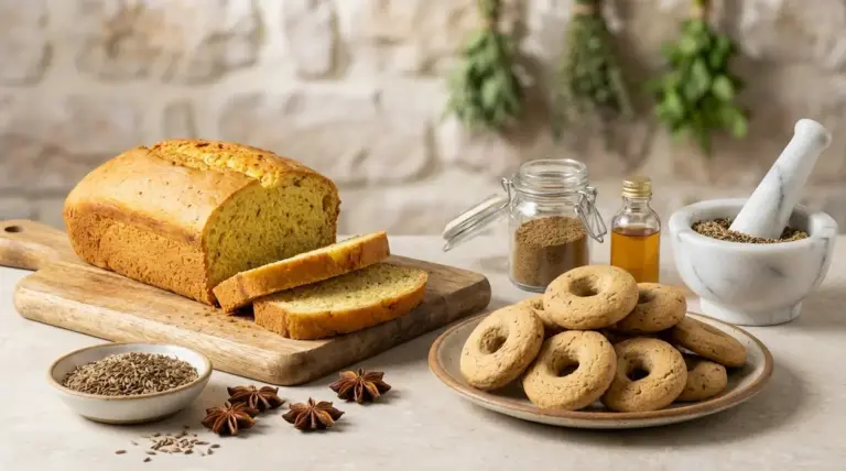 Pane e biscotti all’anice con semi e spezie su tavolo da cucina