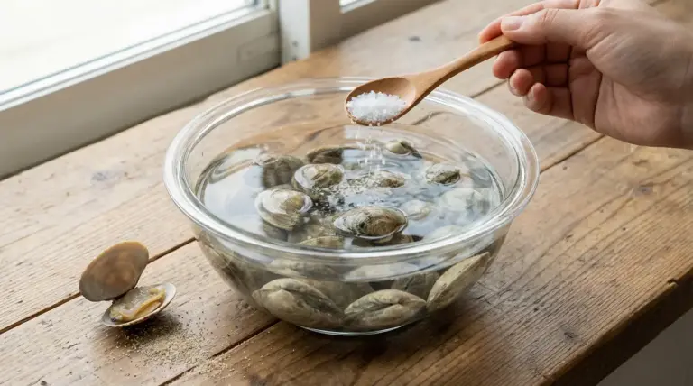 Una ciotola di vongole immerse in acqua con sale aggiunto da un cucchiaio di legno