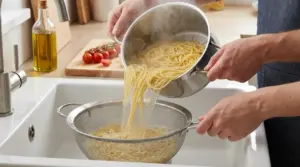 Una persona scola gli spaghetti nel lavello usando uno scolapasta in cucina