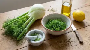 Barba di finocchio fresca su un tavolo con ciotola, limone, olio e semi, pronta per una ricetta antispreco