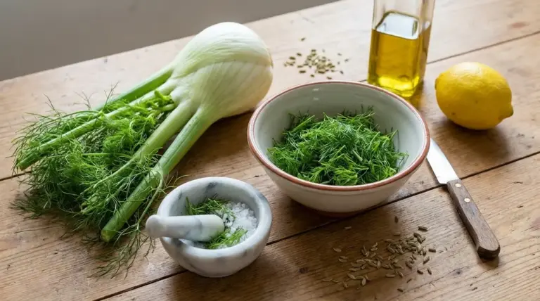 Barba di finocchio fresca su un tavolo con ciotola, limone, olio e semi, pronta per una ricetta antispreco
