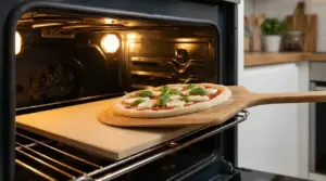 Una pizza cruda su pala di legno viene infornata su una pietra refrattaria in un forno domestico acceso.