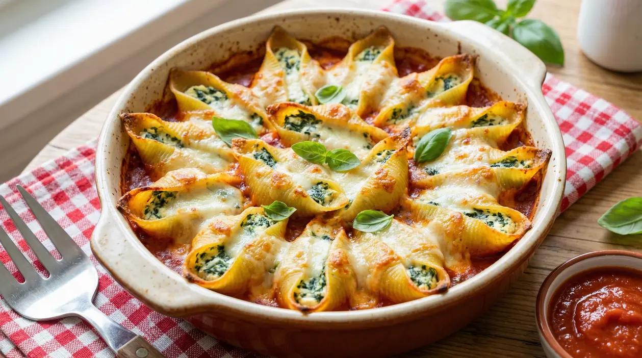 Conchiglioni ripieni al forno con ricotta e spinaci in teglia su tovaglietta a quadri rossi