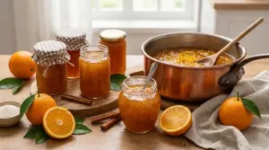 Barattoli di confettura agrodolce all’arancia fatta in casa accanto a una pentola di marmellata e arance fresche