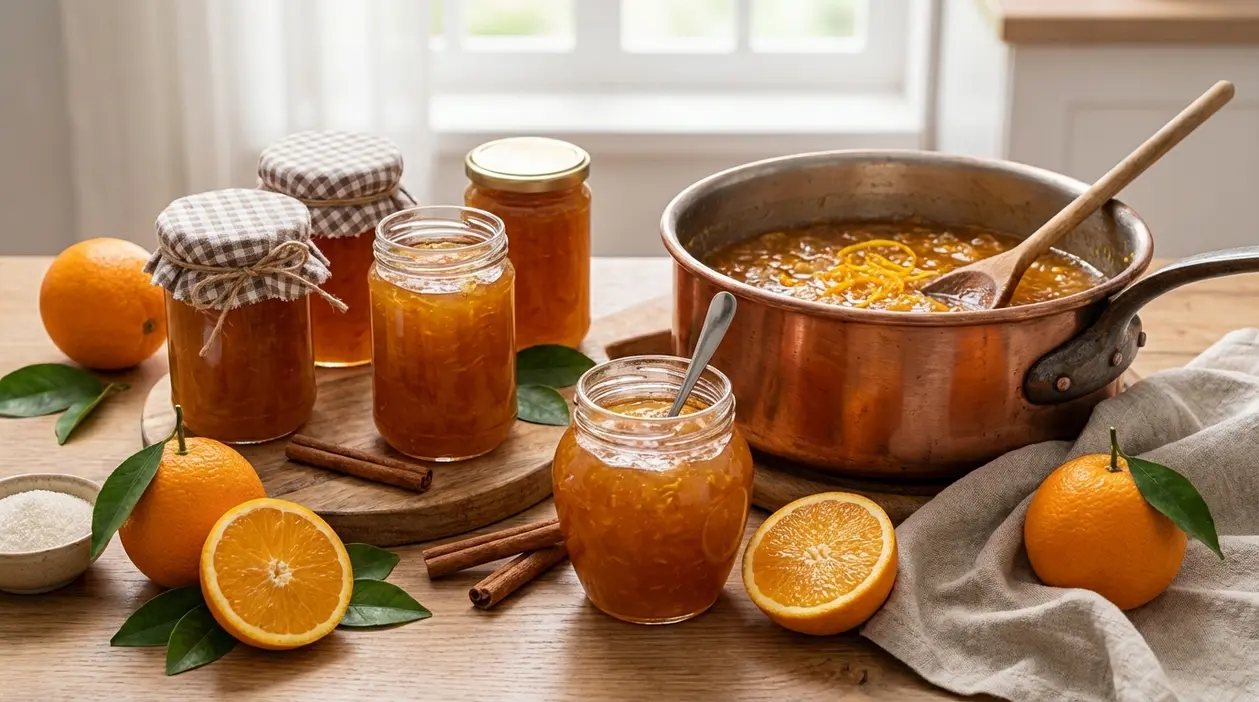 Barattoli di confettura agrodolce all’arancia fatta in casa accanto a una pentola di marmellata e arance fresche
