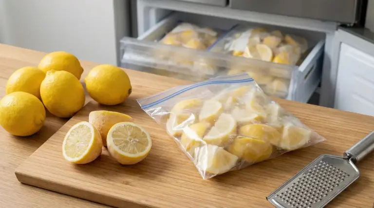 Limoni freschi e spicchi in un sacchetto per congelatore su tagliere, con freezer aperto sullo sfondo