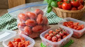 Pomodori freschi e congelati conservati in sacchetti e contenitori di plastica su un tavolo