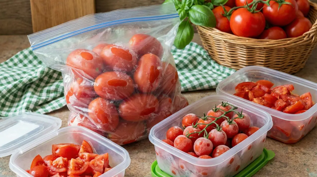 Pomodori freschi e congelati conservati in sacchetti e contenitori di plastica su un tavolo