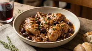 Piatto di coniglio in umido con olive nere e pinoli, servito in una ciotola di ceramica