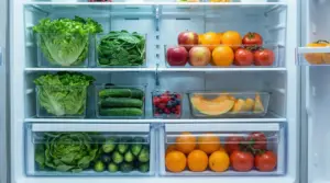 Frigorifero ordinato con frutta e verdura in contenitori: insalata, spinaci, cetrioli, mele, arance, pomodori e melone