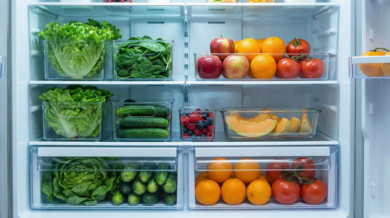 Frigorifero ordinato con frutta e verdura in contenitori: insalata, spinaci, cetrioli, mele, arance, pomodori e melone