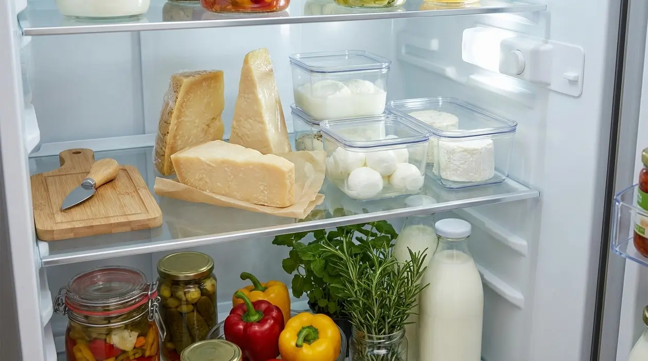Ripiano del frigorifero con formaggi in contenitori e pezzi di formaggio, latte, verdure e barattoli di conserve