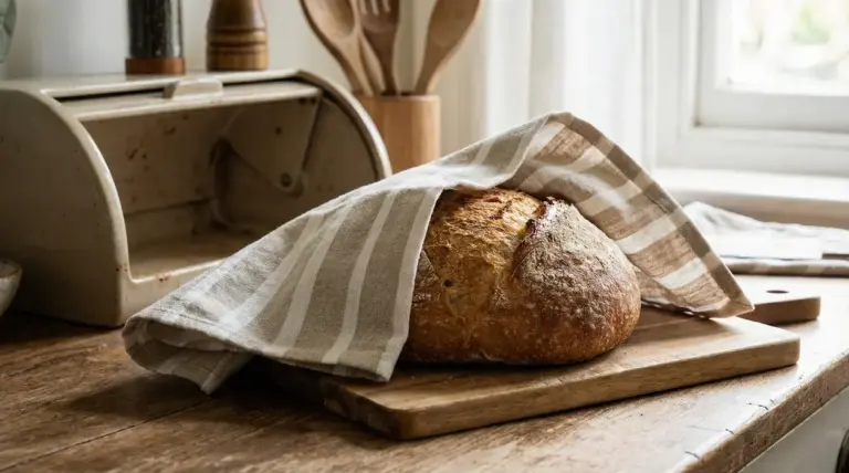 Pane rustico su un tagliere coperto da un canovaccio in una cucina