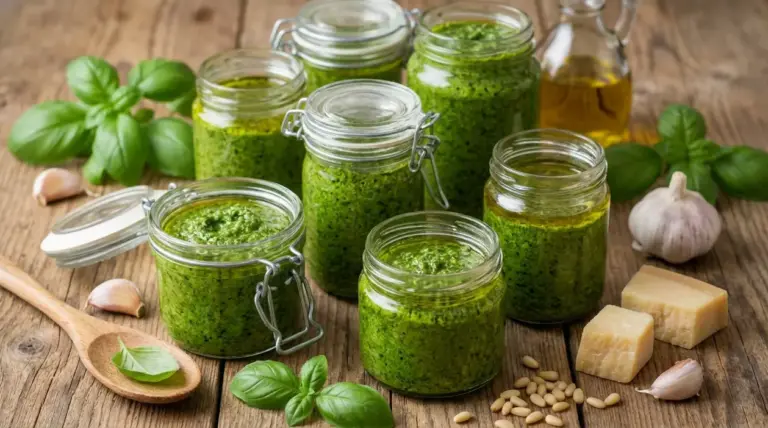Barattoli di pesto alla genovese su tavolo in legno con basilico, aglio, pinoli, parmigiano e olio d'oliva