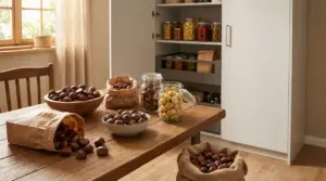 Castagne fresche e conservate in barattoli di vetro su un tavolo di legno in cucina