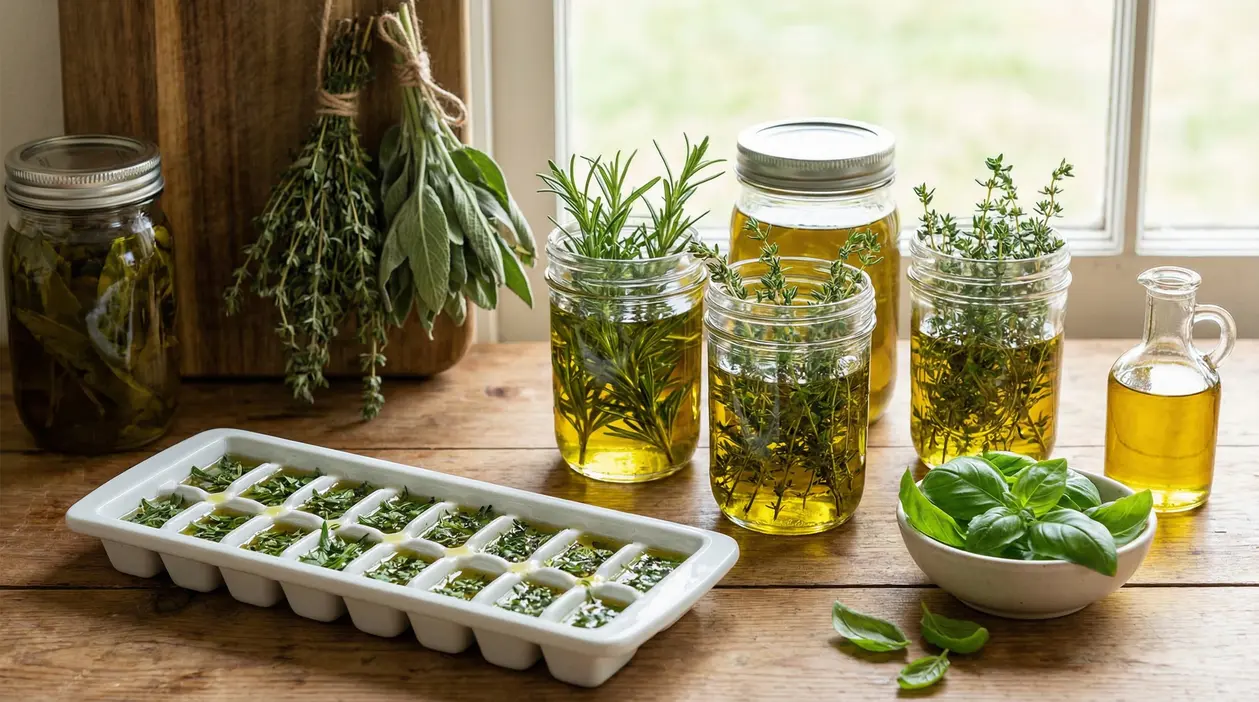 Barattoli di vetro con erbe aromatiche conservate in olio su un tavolo di legno