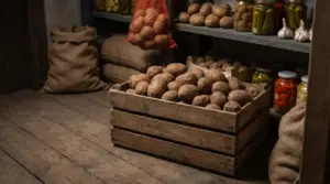 Cassetta di patate conservate in dispensa fresca e buia, con sacchi e scaffali sullo sfondo