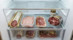 Salumi conservati in frigorifero con contenitori e pellicola trasparente