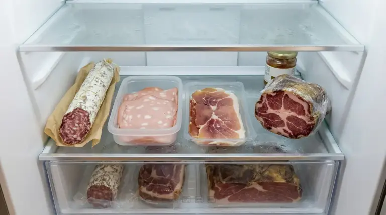 Salumi conservati in frigorifero con contenitori e pellicola trasparente
