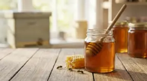 Vasetto di miele con spargimiele in legno, favo e api su tavolo di legno in cucina