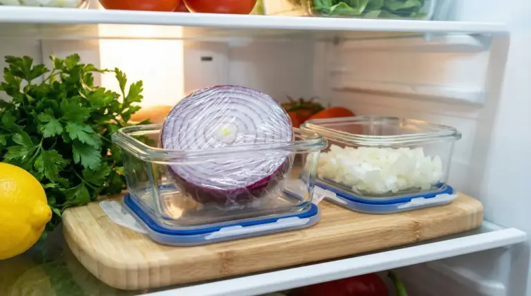 Cipolla tagliata conservata in contenitori di vetro all'interno di un frigorifero