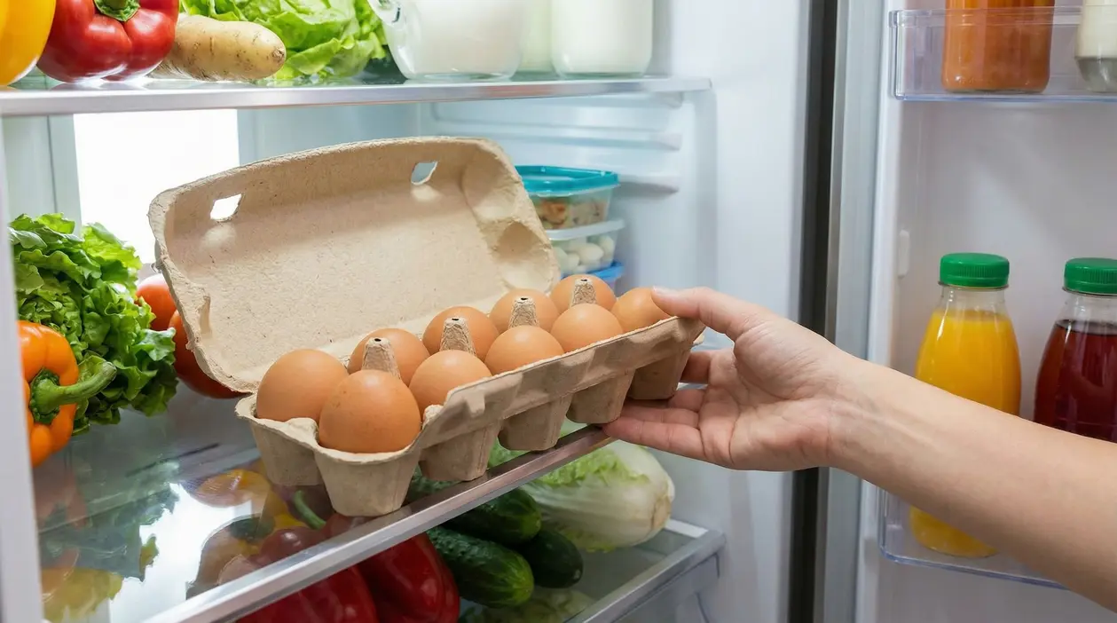 Mano che ripone una confezione di uova in un frigorifero pieno di ortaggi