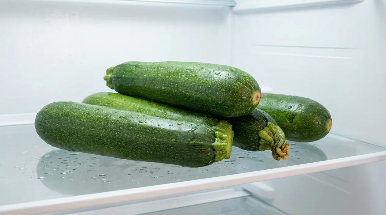 Zucchine crude riposte su un ripiano all'interno di un frigorifero