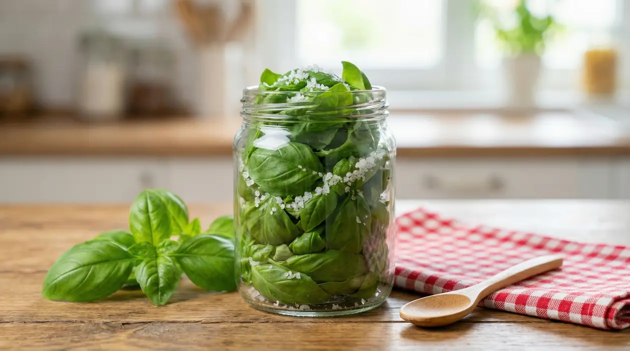 Foglie di basilico fresco conservate in un barattolo di vetro con sale grosso