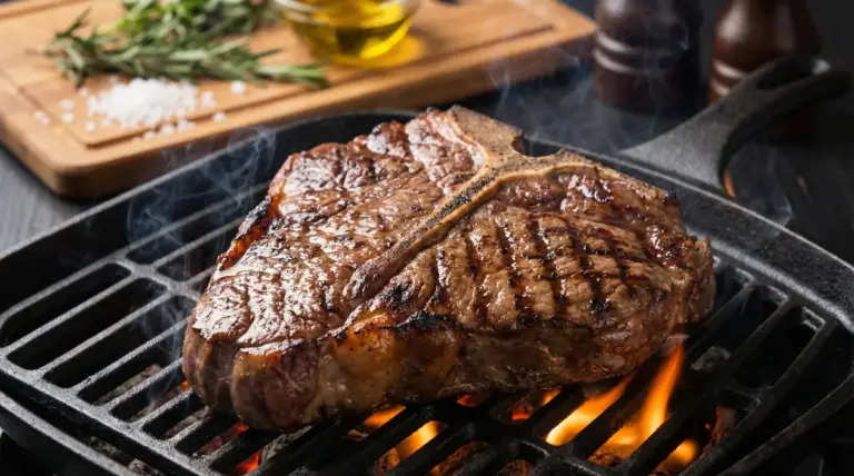 Bistecca con osso alla griglia in padella, con rosmarino, sale e olio sullo sfondo