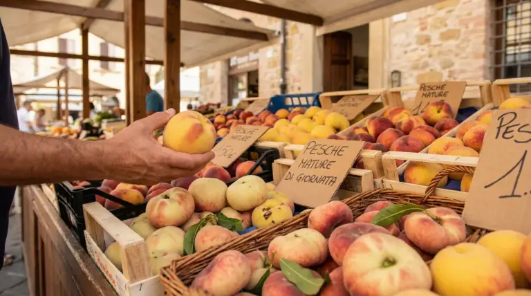 Una mano sceglie una pesca matura tra cassette di pesche esposte su un banco al mercato all’aperto