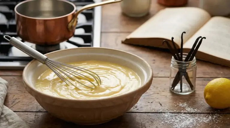 Ciotola con crema pasticcera appena mescolata con frusta, baccelli di vaniglia e limone su tavolo da cucina