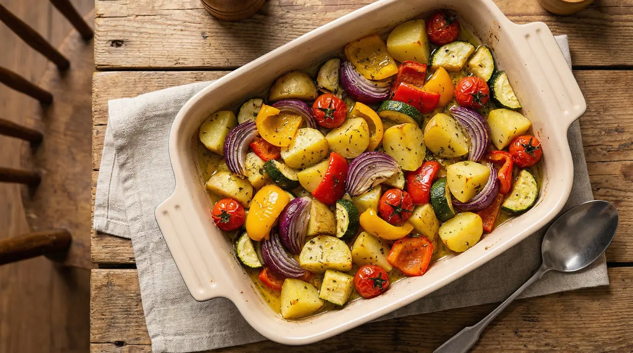 Teglia di verdure al forno con patate, zucchine, peperoni, cipolle rosse e pomodorini.