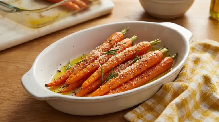 Carote cotte al forno condite con formaggio grattugiato, pepe e rosmarino in una pirofila bianca